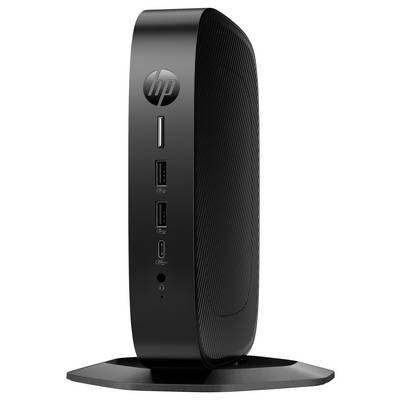 Un client léger HP mince et élégant de couleur noire sur un socle, présentant le logo HP, avec des ports USB et une prise audio visibles sur le panneau frontal.