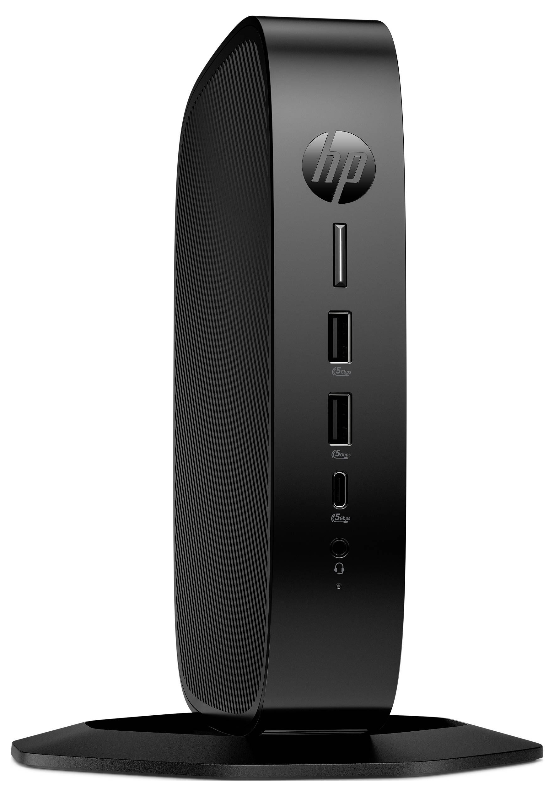 Un ordinateur client léger HP noir et élancé, se dressant verticalement sur une base circulaire, doté de plusieurs ports USB à l'avant pour la connectivité.