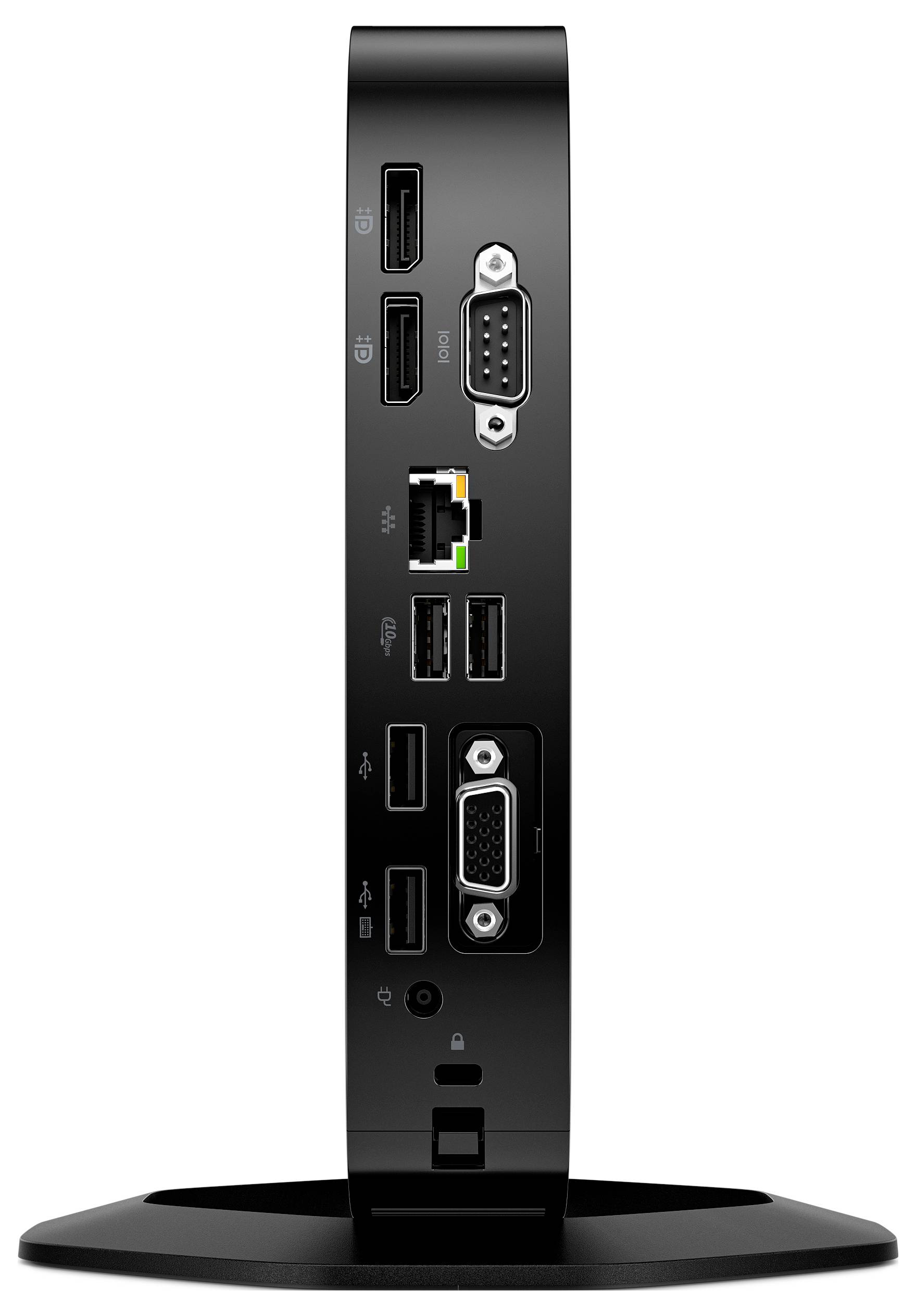 Une station d'accueil verticale dotée de plusieurs ports, notamment USB, HDMI, VGA, Ethernet et audio, conçue pour connecter diverses appareils.