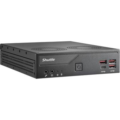 Mini PC Shuttle vue de face avec bouton d'alimentation, prise audio, USB-C et deux ports USB sur un boîtier gris foncé.