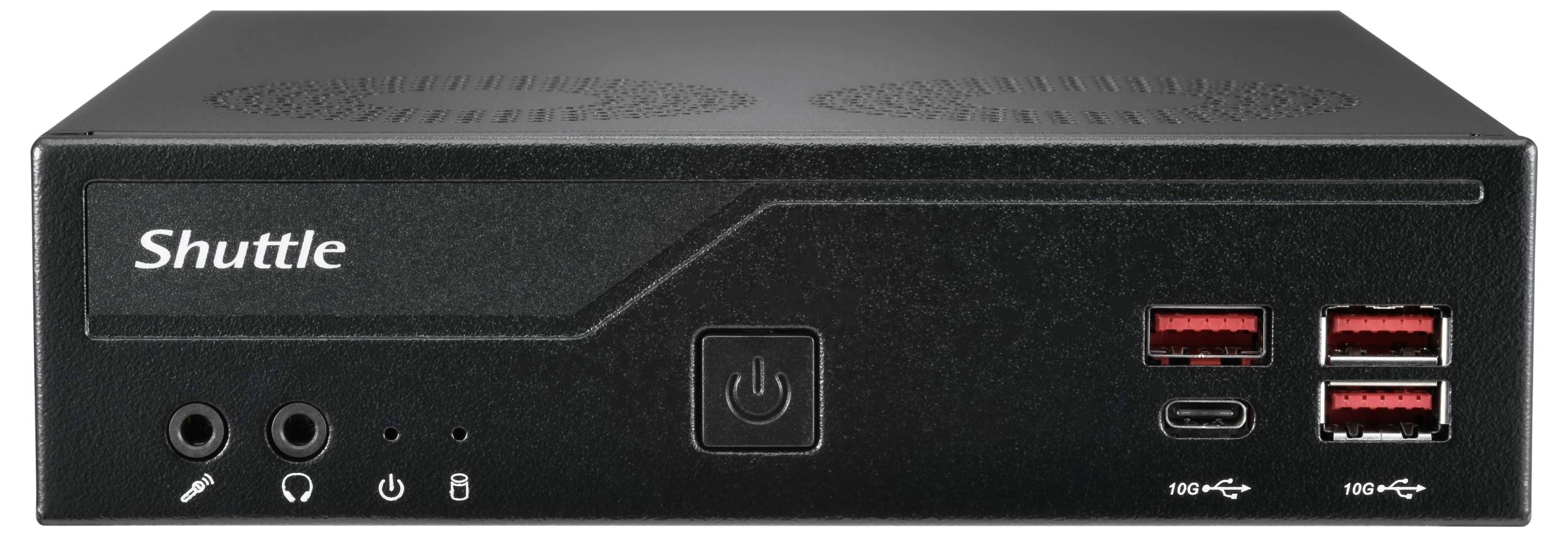 Panneau frontal du mini PC Black Shuttle avec bouton d'alimentation, prises casque et microphone, port USB-C et trois ports USB.