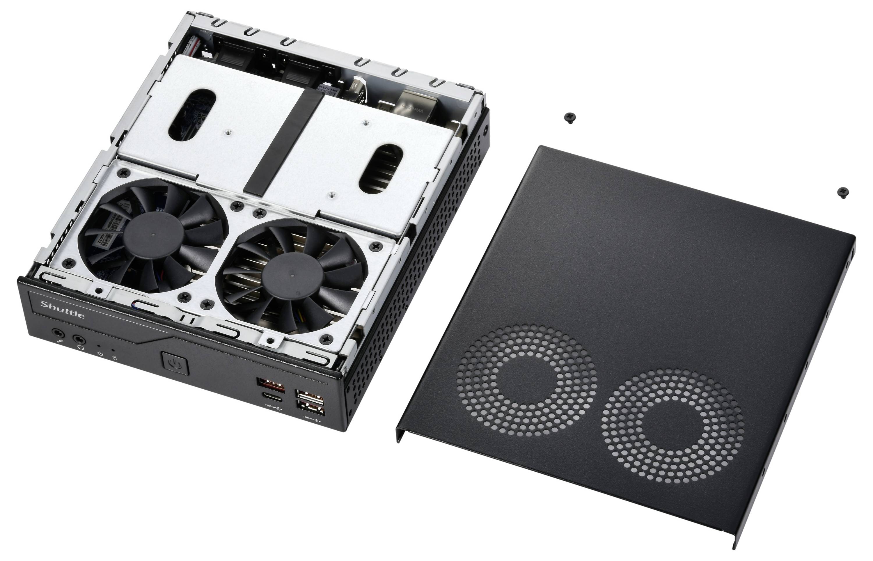 Châssis de dispositif compact ouvert avec deux ventilateurs de refroidissement et couvercle aéré amovible montré à côté de celui-ci.