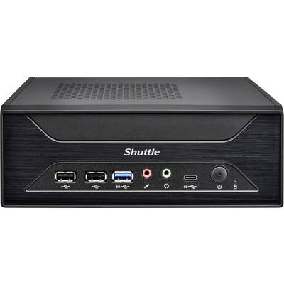 Vue de face d'un mini PC Shuttle montrant le panneau avant avec deux ports USB, un port USB 3.0 bleu, des prises audio, un USB-C, un bouton d'alimentation et un indicateur de verrouillage.