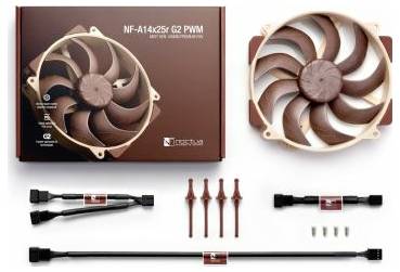 Kit de ventilateur Noctua NF-A14x25r G2 PWM, comprenant deux ventilateurs circulaires de couleur marron, câbles d'alimentation, vis de montage et amortisseurs de vibrations inclus.