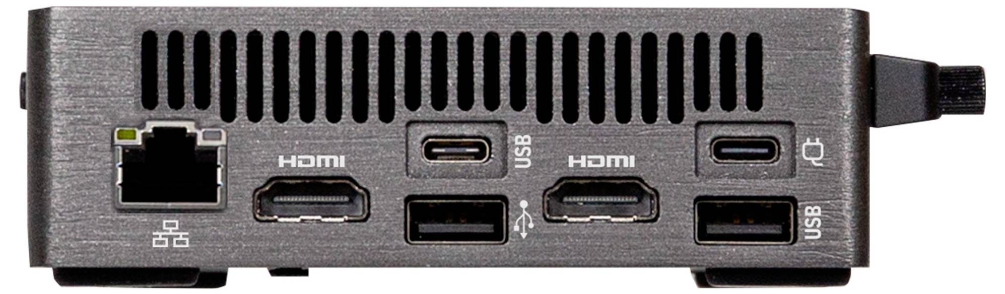 Un mini PC noir et élégant avec divers ports à l'avant, y compris USB et prise casque, portant la marque « ASUS » sur le côté.