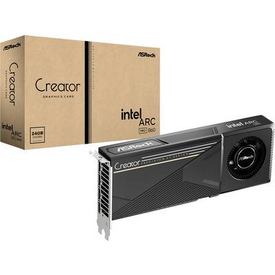 Carte graphique Intel Arc ASRock Creator avec 24 Go de GDDR6, présentée à côté de sa boîte de vente au détail sur un fond blanc.
