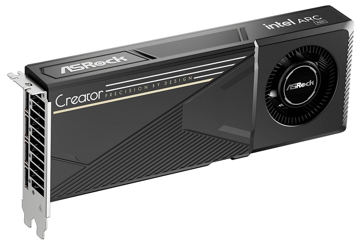 Carte graphique ASRock Intel Arc Creator affichée sur un fond blanc, dotée d'un refroidisseur à ventilateur unique et d'un support PCIe.