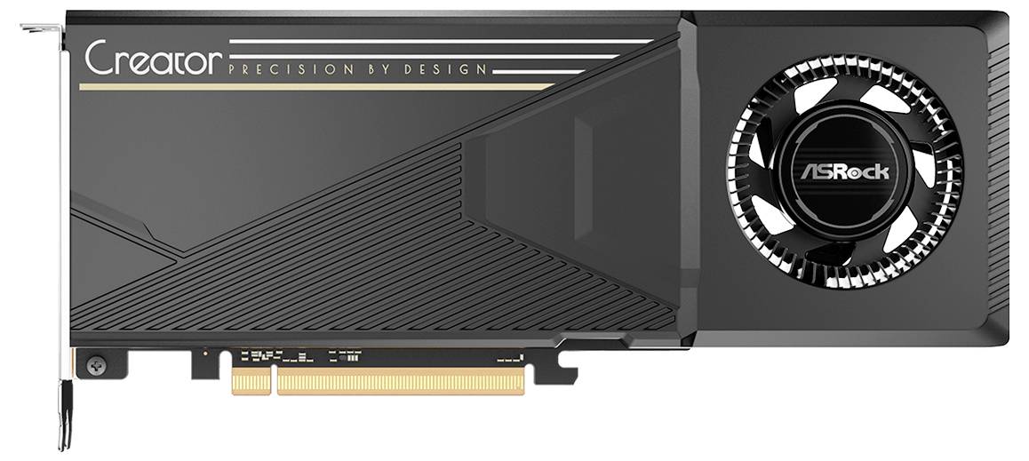 Carte graphique ASRock Creator vue de côté, avec un carénage noir et un unique ventilateur de refroidissement.