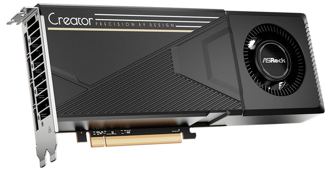 Une carte graphique ASRock Creator noire avec un grand ventilateur et un support métallique arrière, présentée sur un fond blanc.