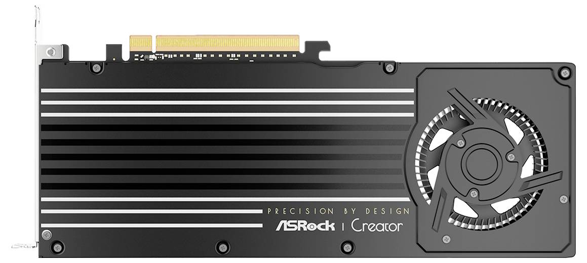 Carte graphique ASRock Creator avec dissipateur thermique noir et un seul ventilateur de refroidissement sur le côté droit