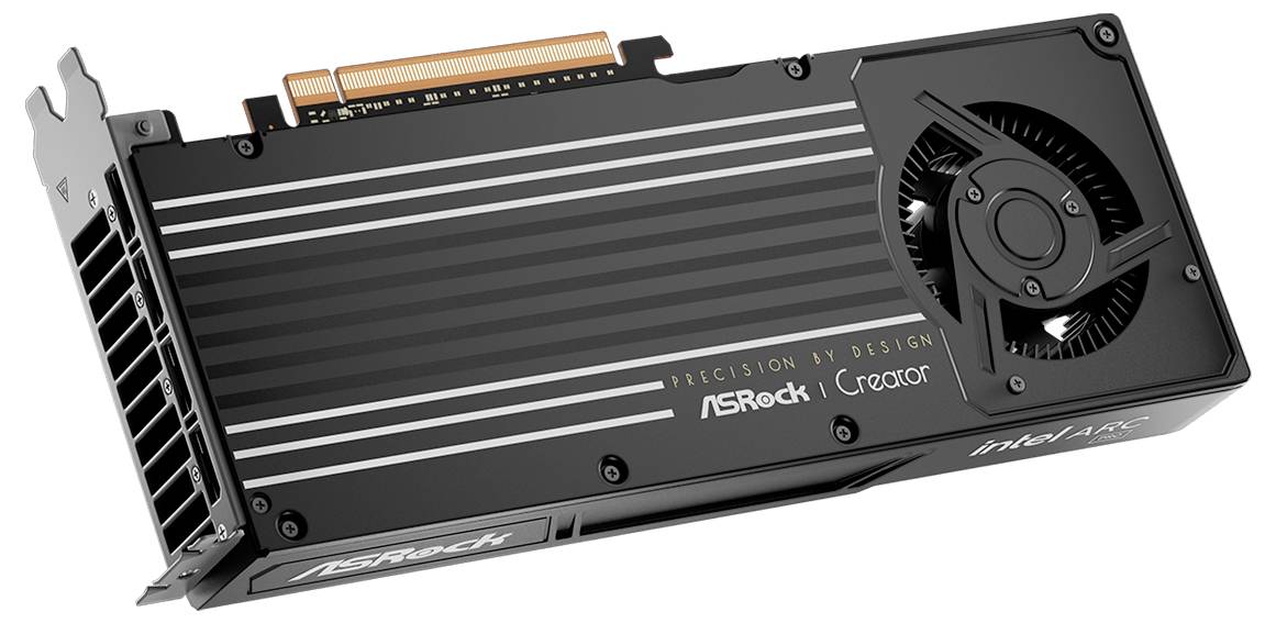 Carte graphique ASRock Creator Radeon avec grand ventilateur de refroidissement et carénage à rayures noires, présentée sur fond blanc.