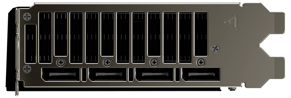 Gros plan d'un support d'extension de carte graphique informatique noir avec plusieurs fentes de ventilation et plusieurs ports de sortie d'affichage le long du bas.
