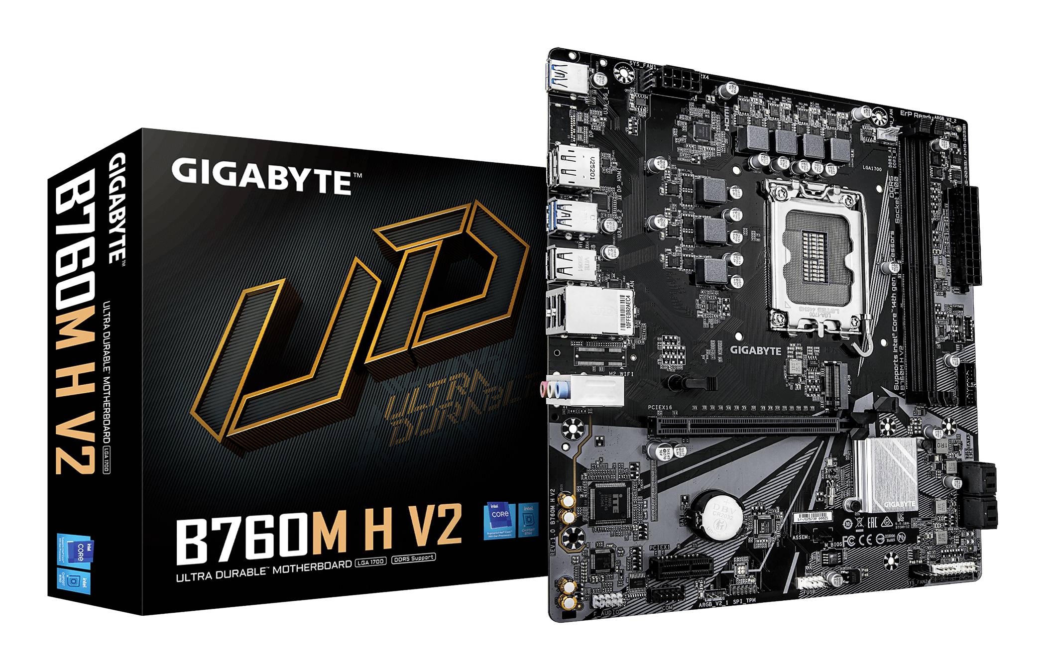 'Carte mère GIGABYTE B760M H V2 Ultra Durable et sa boîte d'emballage, présentant la disposition de la carte et ses composants clés.'