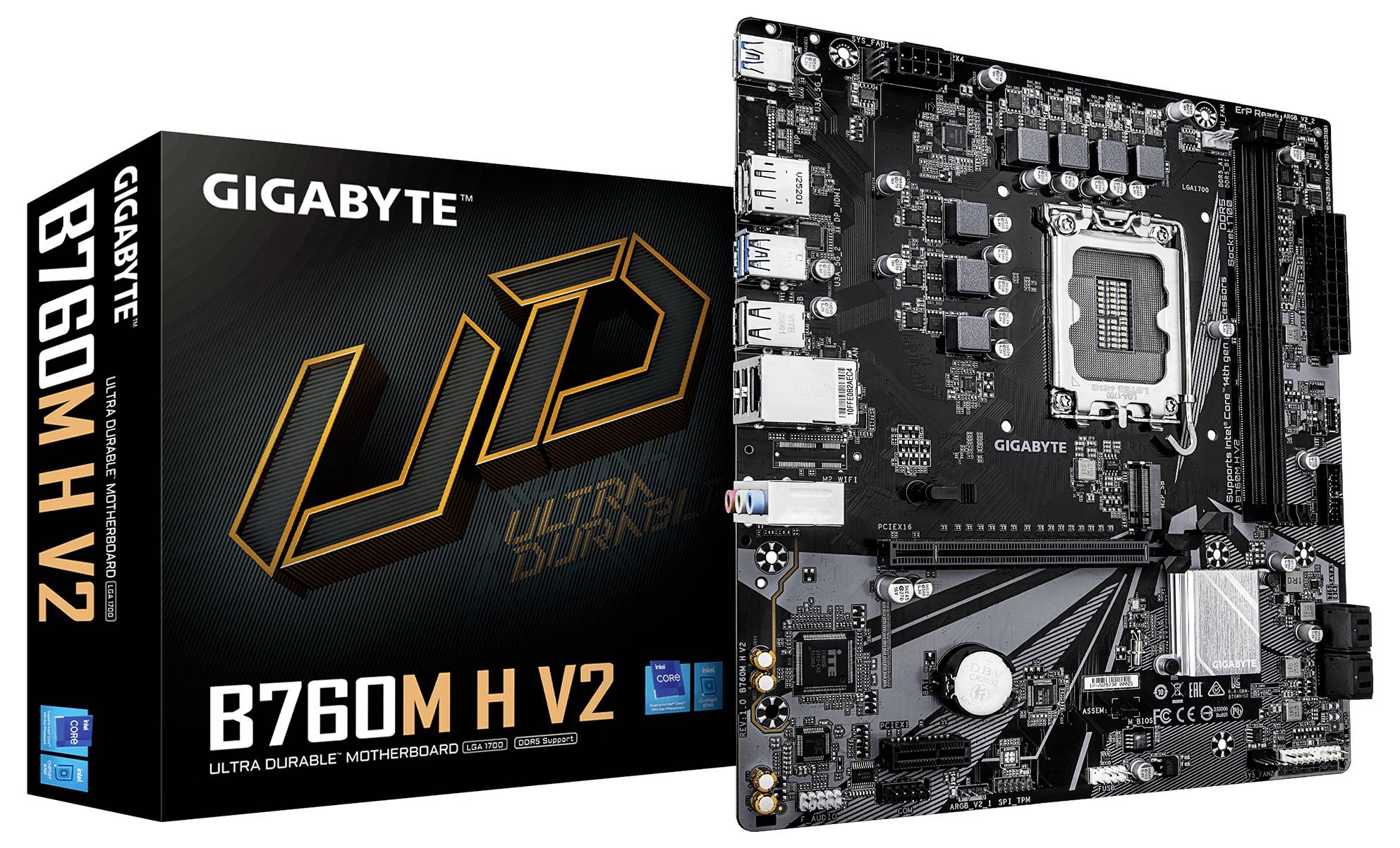 Boîtier et produit de la carte mère 'GIGABYTE B760M H V2', mettant en avant les ports, les fentes et les connecteurs, en mettant l'accent sur la fonctionnalité 'Ultra Durable'.