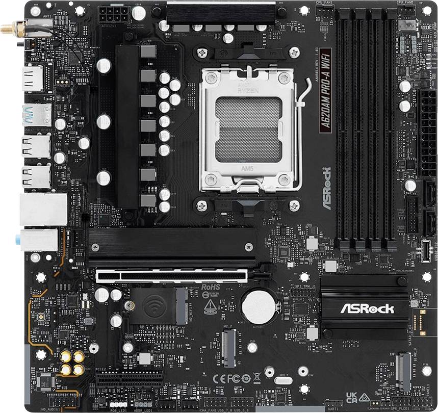 Une carte mère ASRock noire dotée de multiples emplacements et ports, incluant des emplacements RAM, un socket processeur et des emplacements d'extension, conçue pour l'assemblage d'ordinateurs.