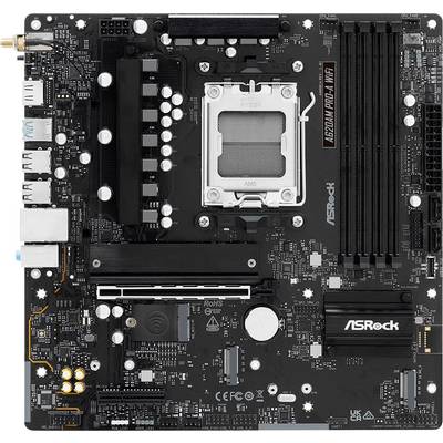 Une carte mère ASRock noire dotée de multiples emplacements et ports, incluant des emplacements RAM, un socket processeur et des emplacements d'extension, conçue pour l'assemblage d'ordinateurs.