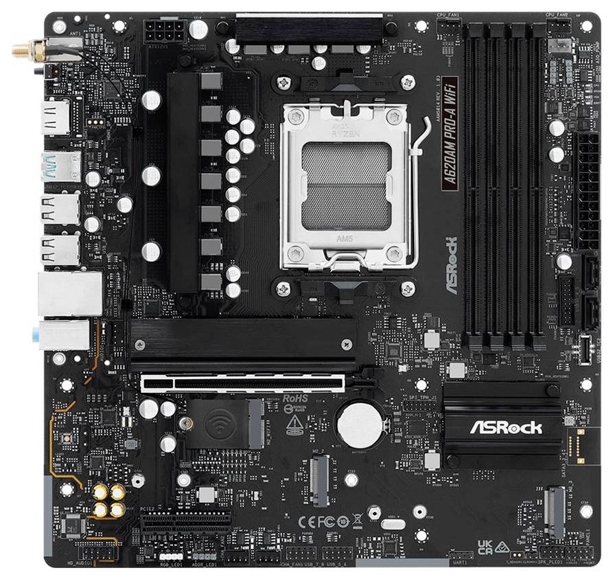 Une carte mère d'ordinateur présentant le logo ASRock, un socket CPU, des emplacements RAM, et divers connecteurs et chipsets dans une disposition compacte.