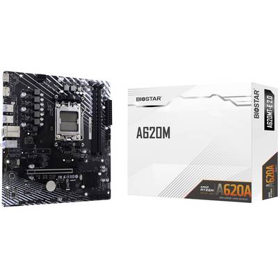 Carte mère Biostar A620M affichée à côté de sa boîte de produit, étiquetée « BIOSTAR », « A620M » et « AMD Ryzen 5 620A ».