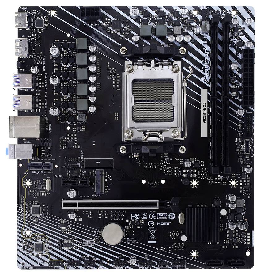 Carte mère d'ordinateur avec socket CPU Intel, emplacements RAM, emplacement PCIe et ports d'entrée/sortie arrière pour la construction d'un PC.