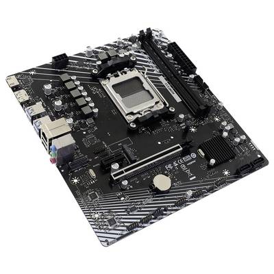 Carte mère ATX noire avec socket CPU, emplacements RAM, slot PCIe, ports d'E/S arrière et dissipateurs thermiques sur fond blanc.