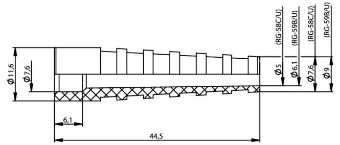 Dessin technique d'un connecteur de câble avec vues de côté et de face, montrant les dimensions clés étiquetées 24, 12,4, 44,3, 8,1, 16,2, 23,8 et la longueur totale L+50.