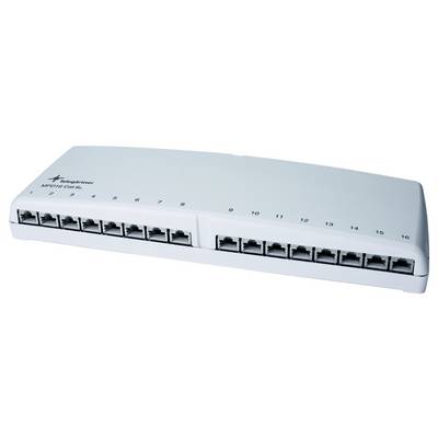 Un commutateur réseau Ethernet blanc à 16 ports, vue en angle, avec des ports numérotés le long de la façade et un petit logo en haut à gauche.