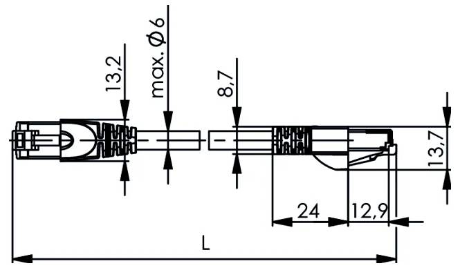 Dessin technique d'un ensemble de câble à angle droit avec des étiquettes de dimensions : longueur L, sections de connecteur 24 et 12,9, hauteur 13,7, diamètre 13,2 et max. ø6, et espacement 8,7.