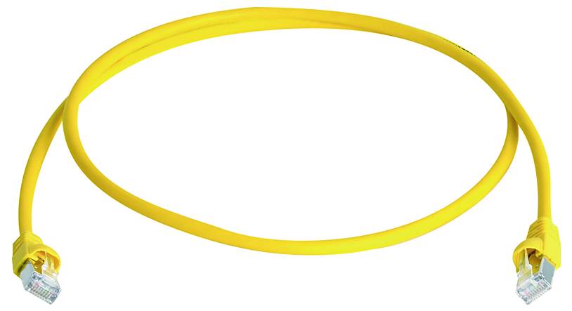 Câble Ethernet jaune avec connecteurs RJ45 aux deux extrémités, enroulé en forme ovale sur un fond blanc.