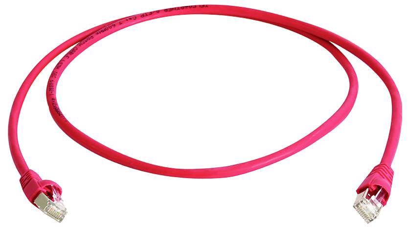 Câble de raccordement Ethernet rouge avec connecteurs RJ45 aux deux extrémités, enroulé sur un fond blanc.