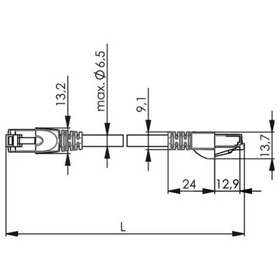Dessin technique d'un connecteur de câble à angle droit avec dimensions étiquetées, incluant la longueur du câble L, max Ø6,5, 13,2, 9,1, 24, 12,9 et 13,7.