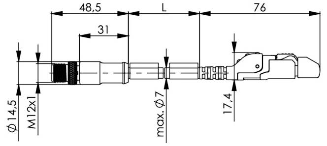 Dessin technique d'un connecteur de câble montrant les dimensions et les mesures étiquetées, y compris 48,5, 31, 76, diamètre 14,5, M12x1, max. 7 et 17,4.