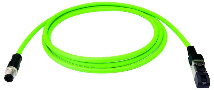 Câble à fibre optique vert vif avec centre enroulé circulaire, montrant les connecteurs sur les deux extrémités.
