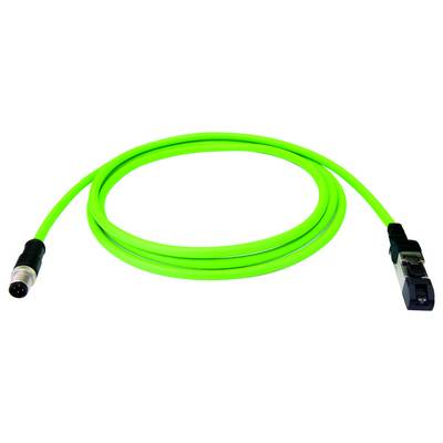 Câble à fibre optique vert vif avec centre enroulé circulaire, montrant les connecteurs sur les deux extrémités.