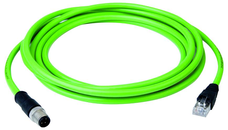 Câble vert brillant avec des connecteurs circulaires aux deux extrémités, montré enroulé sur un fond blanc.