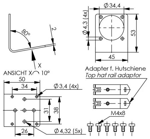 Dessin technique d'un adaptateur de rail de haut-de-forme montrant les dimensions du support courbé, les tailles de trous et les vues de face/côté avec les mesures.