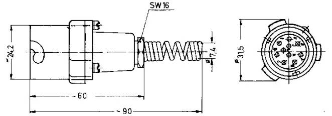 Dessin technique d'un connecteur électrique circulaire avec accouplement fileté, montrant les vues de côté et de face et les dimensions : longueur 90 mm, corps 60 mm, diamètre 24,2 mm, section filetée 17,4 mm, diamètre avant 31,5 mm, et « SW16 ».