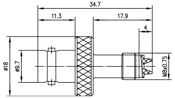 Dessin technique d'un câble connecteur à angle droit montrant la longueur totale L et les dimensions, y compris le diamètre maximal 5,9, 13,2, 8,7, 24, 23, 12,9 et 14,2 mm.