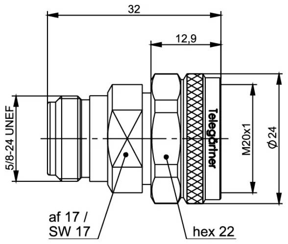 Dessin technique d'un connecteur cylindrique fileté avec dimensions étiquetées 32, 12.9, 5/8-24 UNEF, M20x1, Ø24, af 17/SW 17, et hex 22.