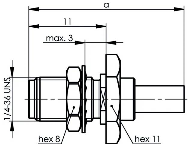 Dessin technique en ligne d'un raccord fileté montrant la dimension « a », 11, max. 3, 1/4-36 UNS, hex 8, et les mesures hex 11.