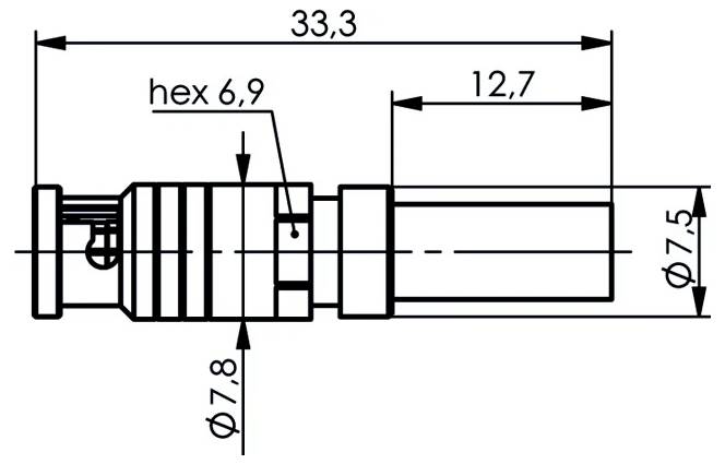 Dessin technique d'un connecteur cylindrique avec des dimensions étiquetées 33,3 longueur totale, 12,7 section droite, hex 6,9, diamètre 7,8, et diamètre d'extrémité 7,5 mm.