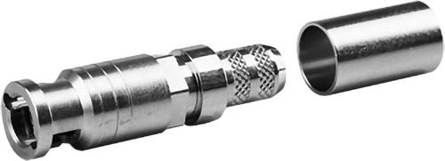 Connecteur de câble coaxial métallique et manchon d'adaptation présentés séparés sur un fond blanc.