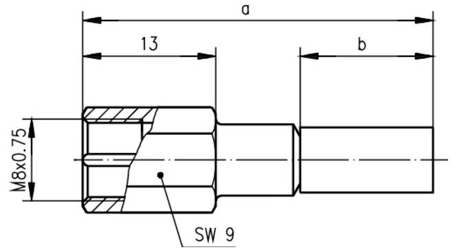 Dessin technique d'une pièce cylindrique à degrés avec les dimensions a, b, 13, M8x0.75, et SW 9 étiquetées.