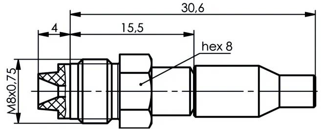 Dessin technique d'une fixation cylindrique filetée avec les dimensions étiquetées 30,6, 15,5, 4, M8x0,75, et hex 8.