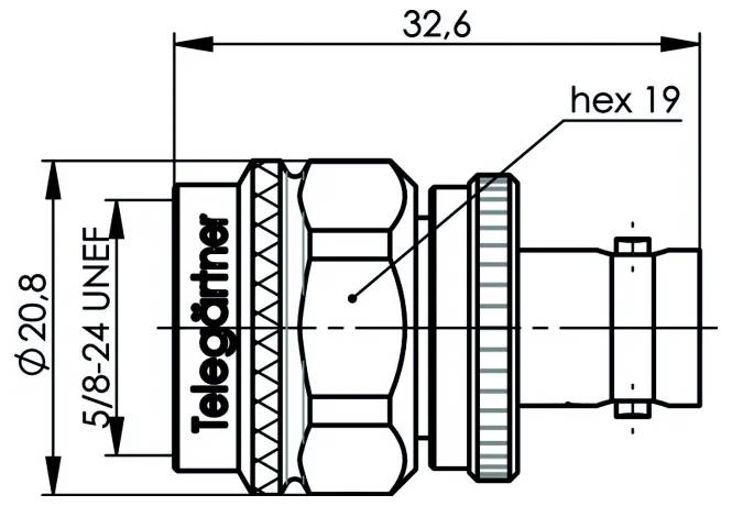 Dessin technique d'un connecteur Telegärtner, montrant une vue de côté avec les dimensions longueur 32,6, diamètre Ø20,8, filetage 5/8-24 UNEF, et hexagone 19.