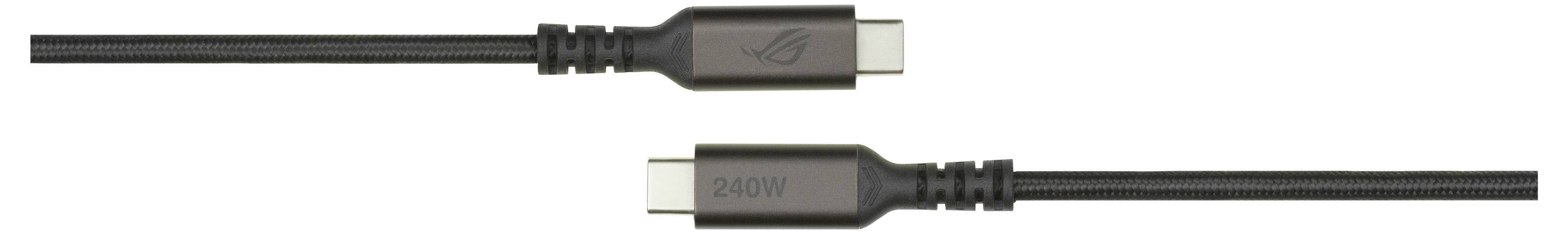 Deux câbles noirs avec des connecteurs USB-C. Le câble du haut a un logo, et celui du bas est étiqueté « 240W », indiquant la capacité de puissance.