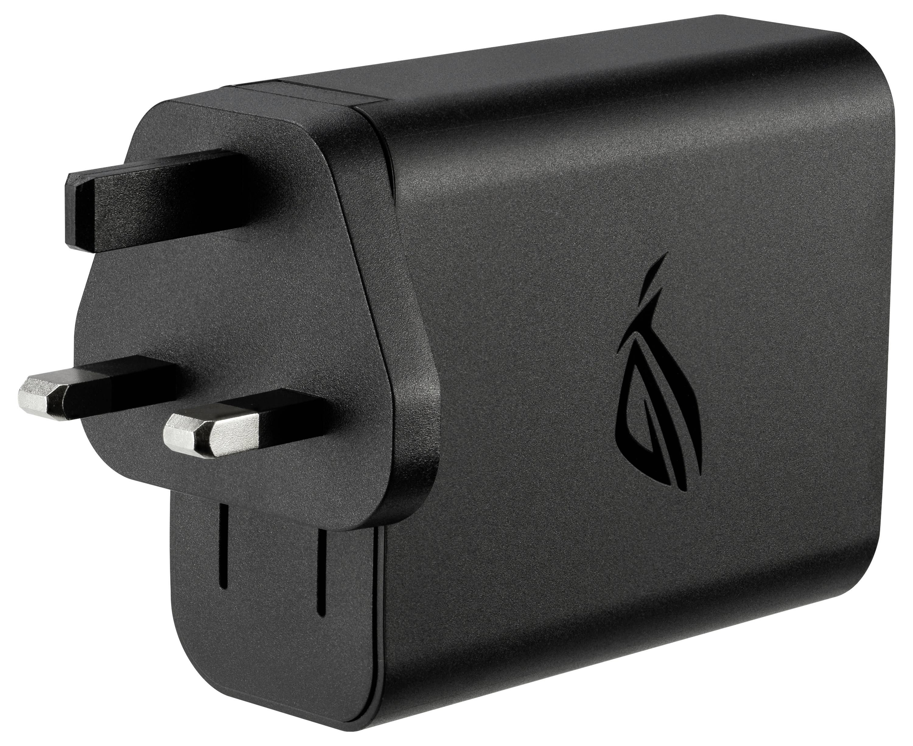 Un chargeur de prise murale noir avec trois broches rectangulaires et un logo sur le côté, conçu pour les prises britanniques.