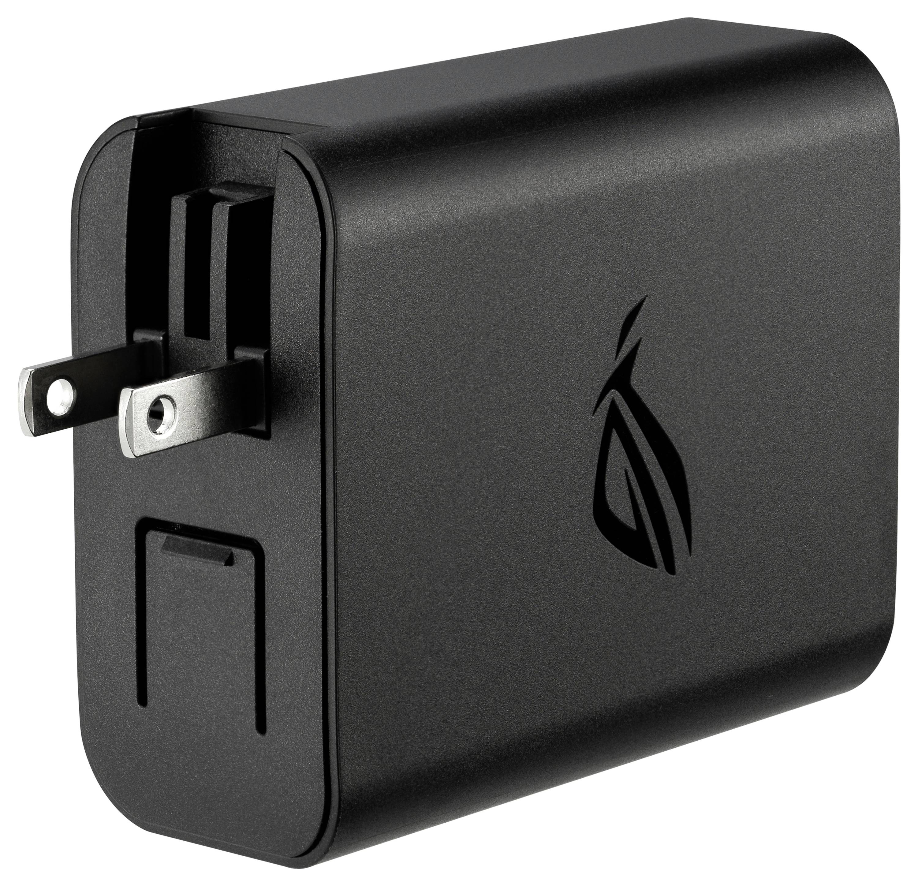 Un chargeur mural noir avec broches repliables, présentant un logo abstrait, conçu pour les appareils électroniques compatibles.