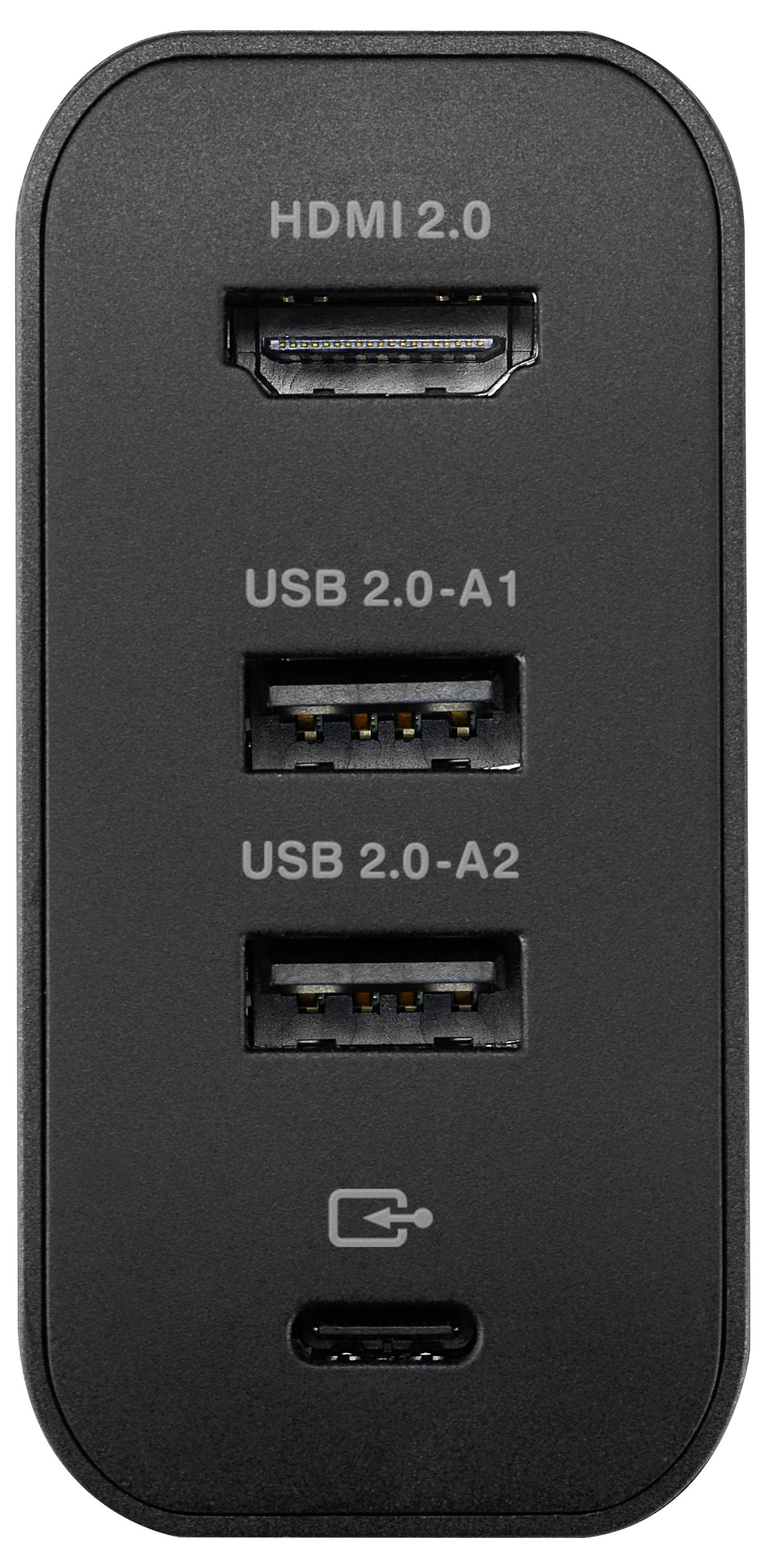 « Un adaptateur rectangulaire avec un port HDMI 2.0, deux ports USB 2.0-A et un port USB-C sur le dessous. »
