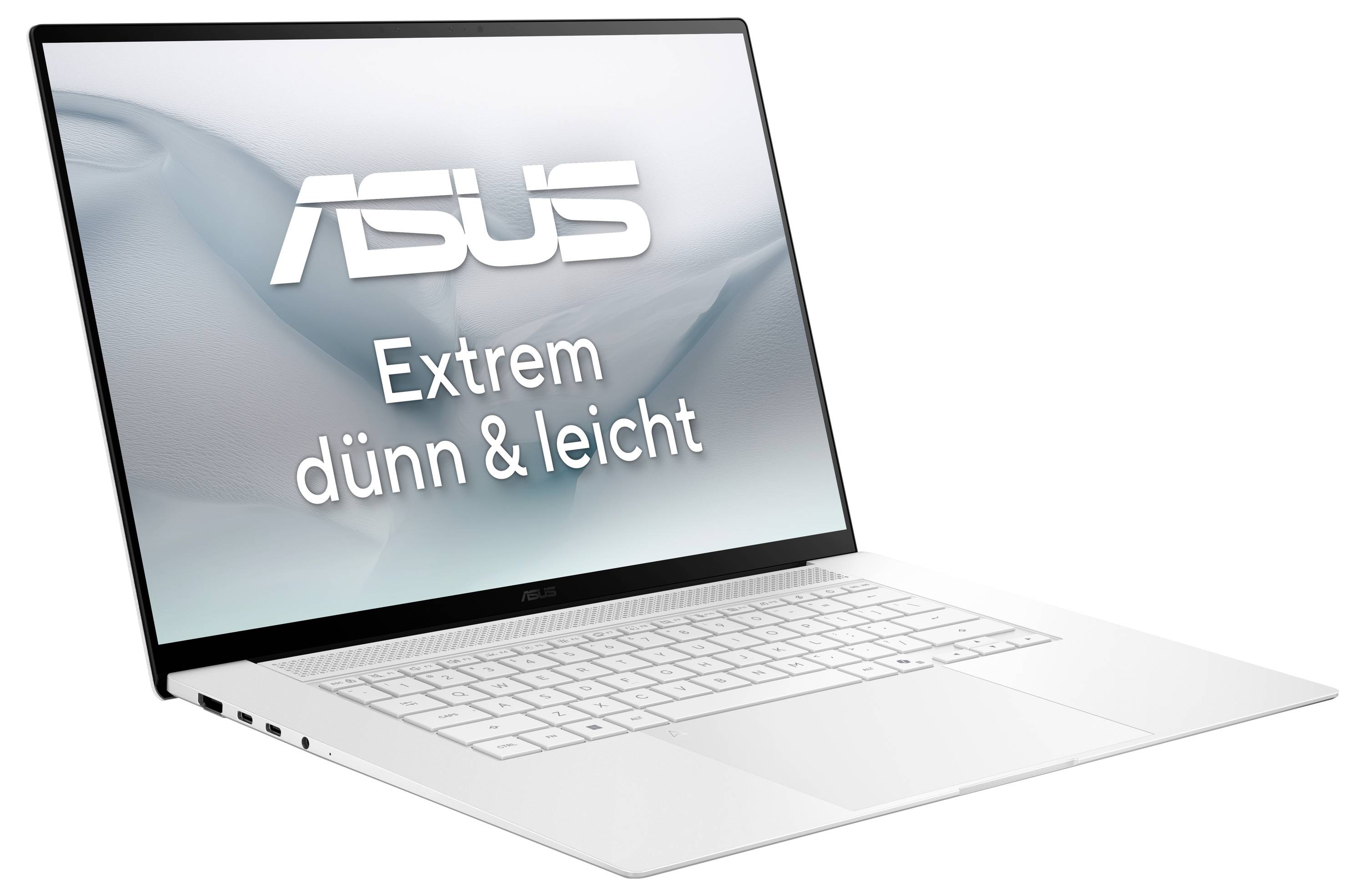 Un élégant et fin ordinateur portable Asus affichant le texte « Extrêmement fin et léger » sur son écran, mettant en évidence sa conception mince et légère.