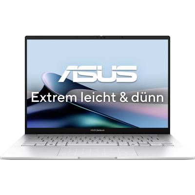 Un ordinateur portable affiche le logo ASUS à l'écran avec le texte « Extrêmement léger et mince ». L'ordinateur portable est argenté et possède un design élégant et moderne.